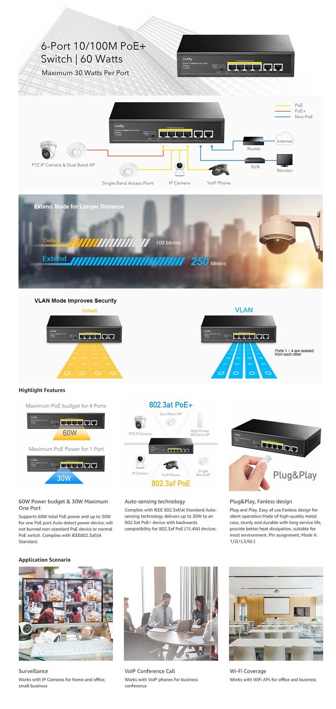 Cudy FS1006P 6-Port 10/100M PoE Switch 60W, 4 PoE Ports, CCTV Mode (Transmit Distance to 250m at 10Mbps), PD Detection,Fan-Less, Steel Case, Desktop and Wall-Mount, 802.3at / 802.3af 11 Cudy FS1006P 6-Port PoE+ Switch with 2 Uplink Ports and CCTV mode switch