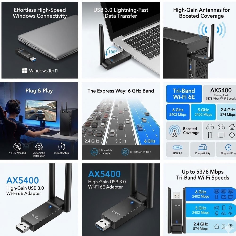 Cudy WU5400 Tri Band WiFi 6E USB Adapter for Desktop PC, Supports Windows 11/10, High Gain Antennas, 6GHz, 1024-QAM, 160MHz, WPA3 6 Cudy WU5400 Tri Band WiFi 6E USB Adapter for Desktop PC, Supports Windows 11/10, High Gain Antennas, 6GHz, 1024-QAM, 160MHz, WPA3 - Image 6